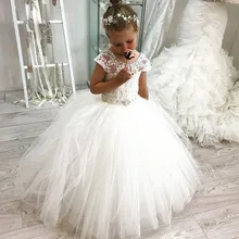 Белое Бальное Платье для девочек, держащих букет невесты на свадьбе; платье для первого причастия с короткими рукавами, украшенное бусинами; детское платье для дня рождения