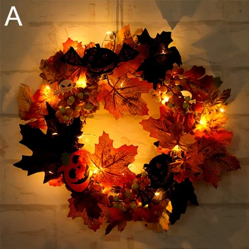 

Simulation Autumn Maple Leaf Pumpkin With Lamp Scary 2m Twenty Light Halloween Wreath Front Door Home Decor