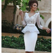 Коктейльные платья с длинным рукавом, v-образным вырезом и длиной до колена, коллекция года, кружевные короткие вечерние платья с баской, вечерние платья для женщин