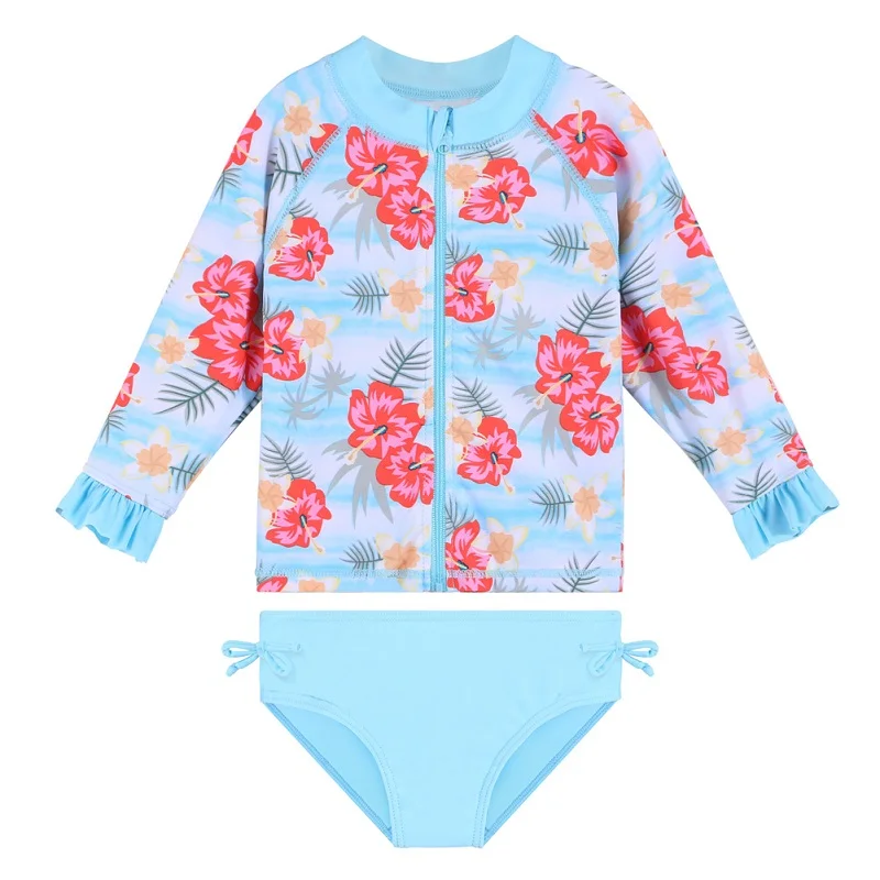 

BAOHULU 2019 Print Long Sleeves Girls Swimwear UPF50+ Two-pieces LightBlue Floral Kids Bathing Suits