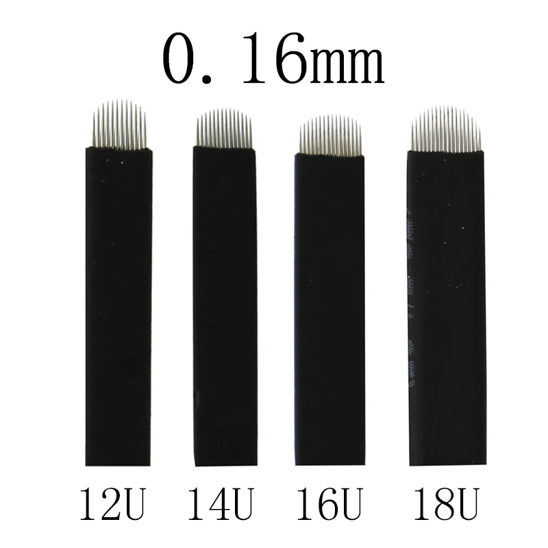 Agujas de Microblading para maquillaje permanente, hojas de cejas manuales, NANO negro, 0,16mm, forma de U, 12U, 14U, 16U, 18U, 50 Uds.