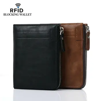 

Men Women Leather Luxury Wallet Short Slim Male Purses Money Clip Credit Card ID Holder Coin Bag RFID Blocking Zipper Wallet