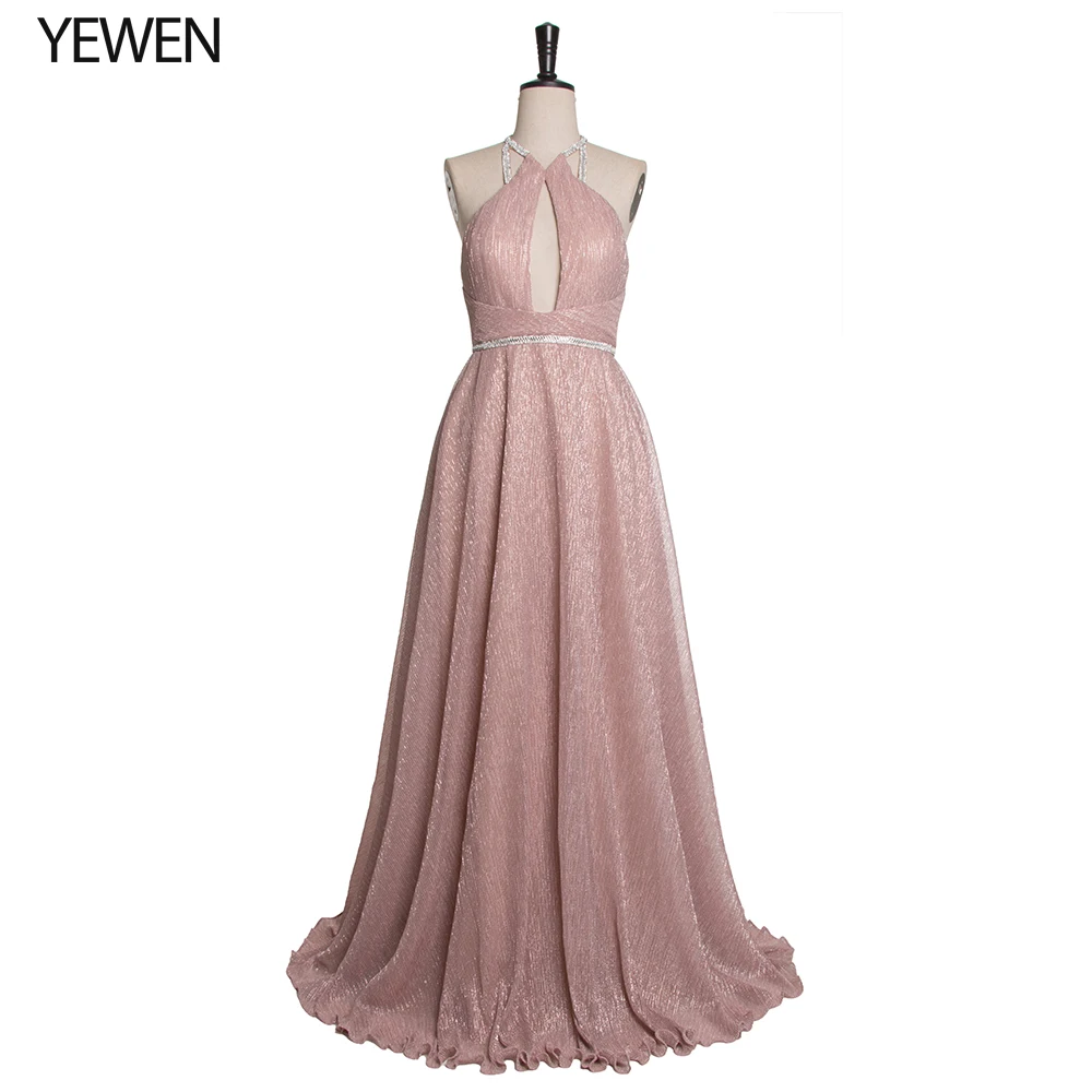

Crepe sexy Gold pink evening dress 2020 long V-back women gala dresses Crystal prom Gown party dress