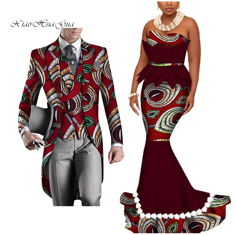 Dashiki African Couple Clothing Women's Dress+Men's Blazer&Vest 3 Pieces Set African Mermaid Print Dresses for Couples WYQ425