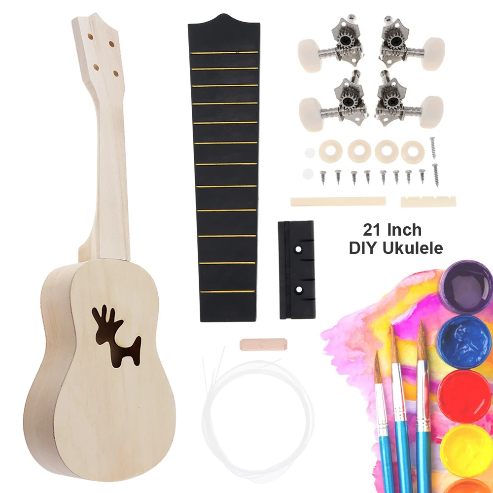 21 дюймов липа Гавайские гитары укулеле DIY Kit олень звук Отверстие Сопрано Гавайи гитары картина ручной работы для родителей и детей