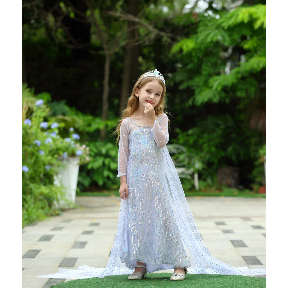 Birthday Party Girls Princess Elsa Dress Summer Toddler Girl Long Sleeve Blue Dresses with Long Tail Sequins Elegant Ball Gowns