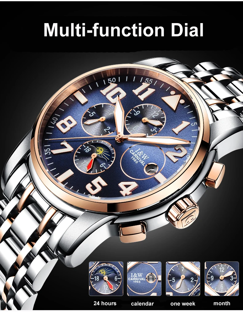 Relogio CARNIVAL Moon Phase Мужские часы Топ бренд класса люкс автоматические механические часы сталь Бизнес водонепроницаемые спортивные часы