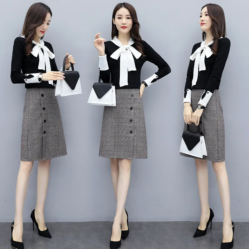 

Fashion Korean-style Bow Knit Low Waist Jersey Plaid Woolen Skirt Slimming Debutante Ol Two-Piece Dress