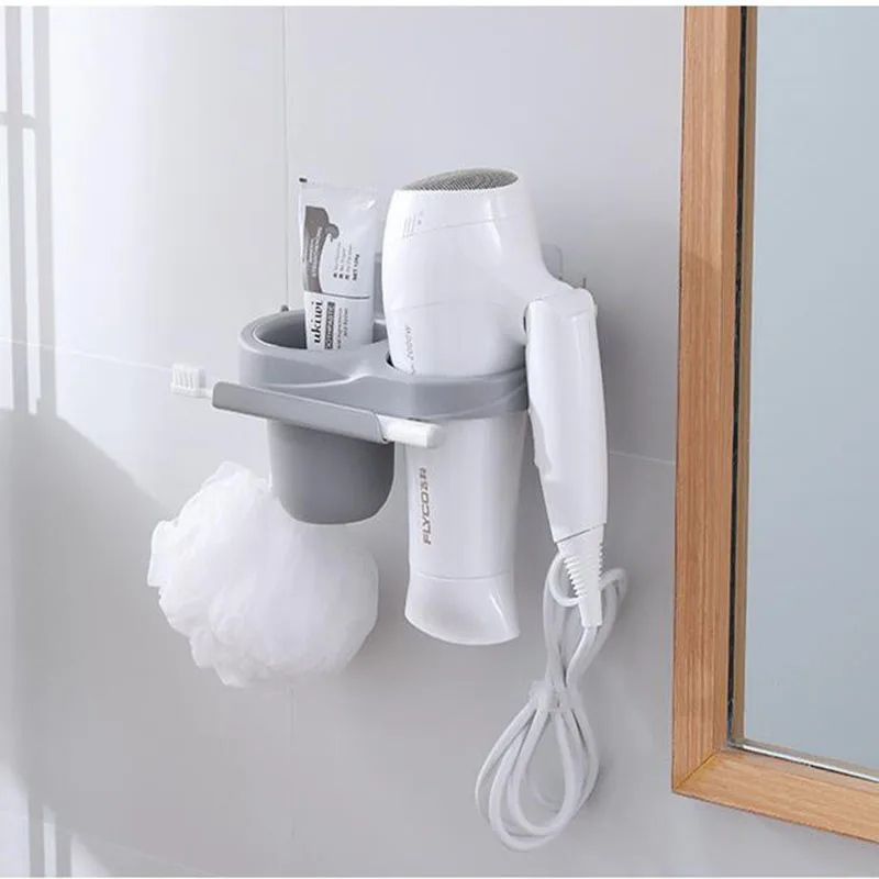 

Hair Dryer Wall Mount Bracket Bath Storage Organizer with Cup Free Punching Bracket Multifunctional Home Bathroom Storage Box