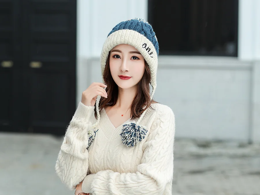Женские зимние шерстяные шапочки Skullies SUOGRY Femme, теплые шапки с ушками, женские шапочки с помпоном, шапки для бант для девочки, Осенние милые модные