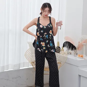 

Print Women 2PCS Sleep Set Casual Satin Strap Top&Pants Sexy Intimate Lingerie Pajamas Suit Bathrobe 2020 New Sleepwear Homewear