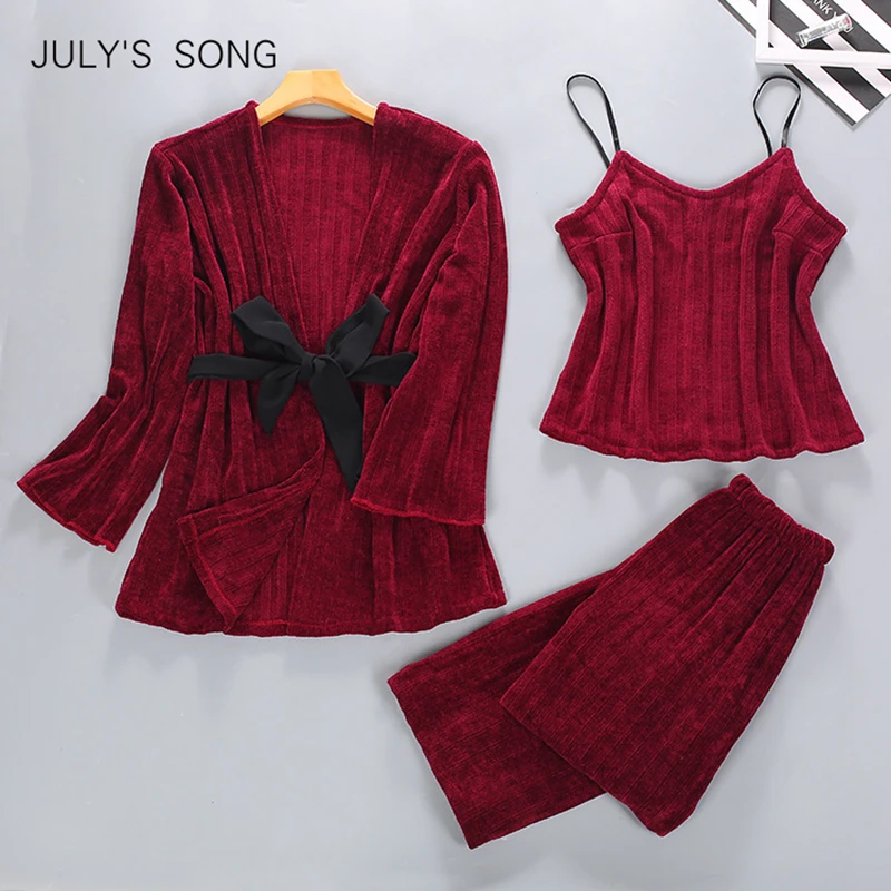 

JULY'S SONG 3 Pieces Women Pajamas Set Autumn Winter Snow Velvet Warm Sexy Pajamas Thick Sleepwear Nightwear Long Pant Robe