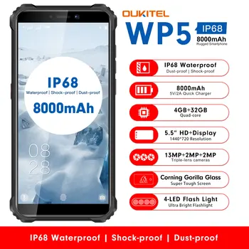 

OUKITEL WP5 IP68 Waterproof Smartphone Android 9.0 Triple Camera Face/Fingerprint ID 5.5inch 4GB 32GB 13MP 8000mAh Mobile Phones