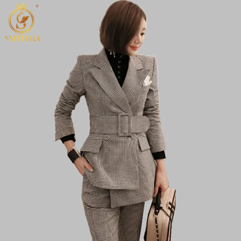 picture color SMTHMA Подиум мода Хаундстут Женский комплект 2 шт. Бизнес Работа носить брючные костюмы комплект для офисной леди костюмы - Цвет: picture color