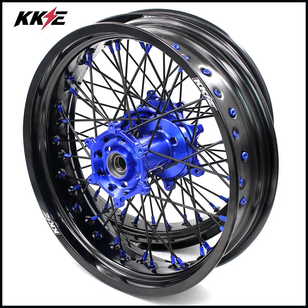 KKE 3,5& 5,0 Supermoto колеса Набор для YAMAHA WR250F 01-18 WR450F 03-18 синий ниппель черный спиц мотард диски