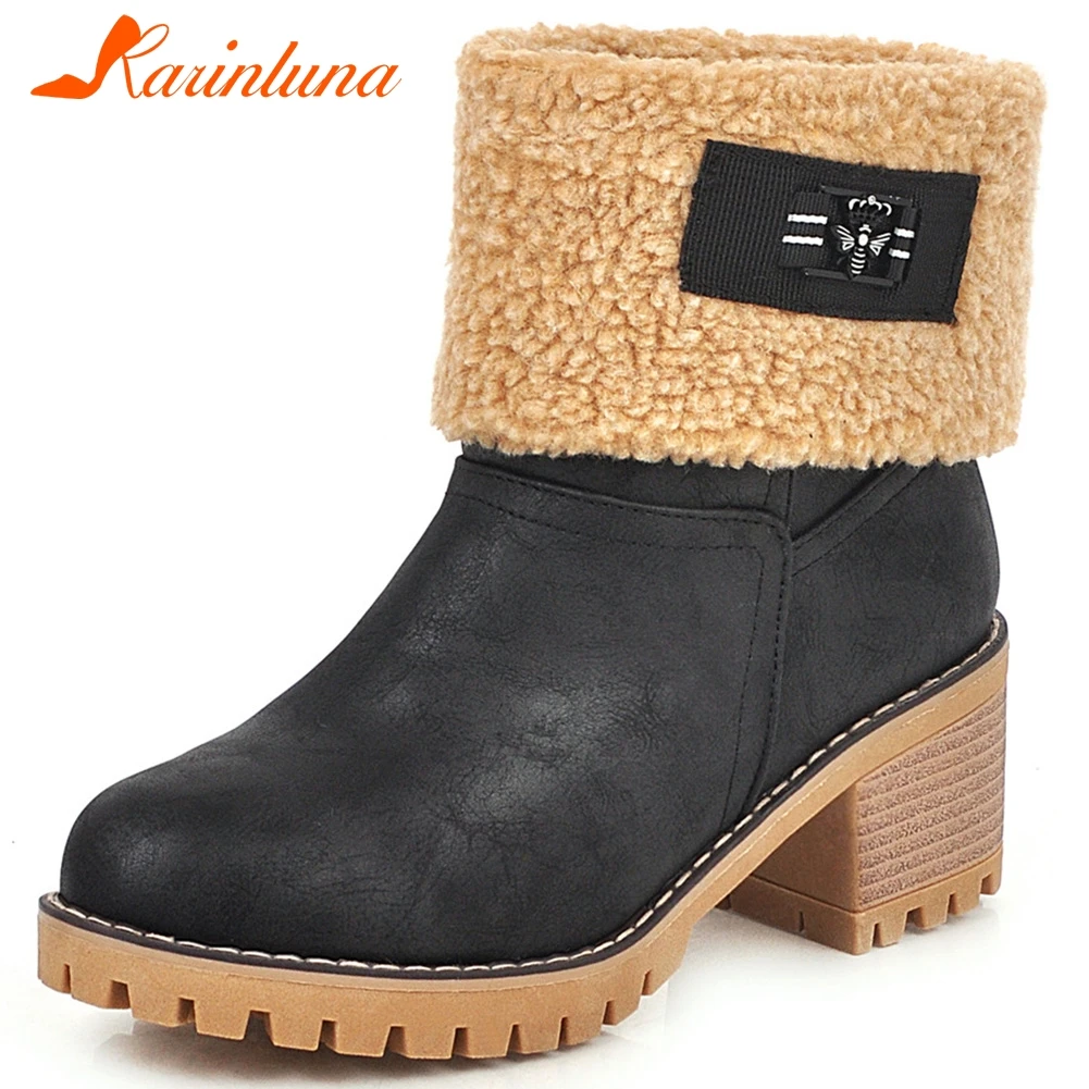 

Karinluna New Arrivals Plus Size 34-46 Chunky Heels Ankle Boots Woman Shoes Slip On Add Fur Autumn Winter Shoes Women Boots