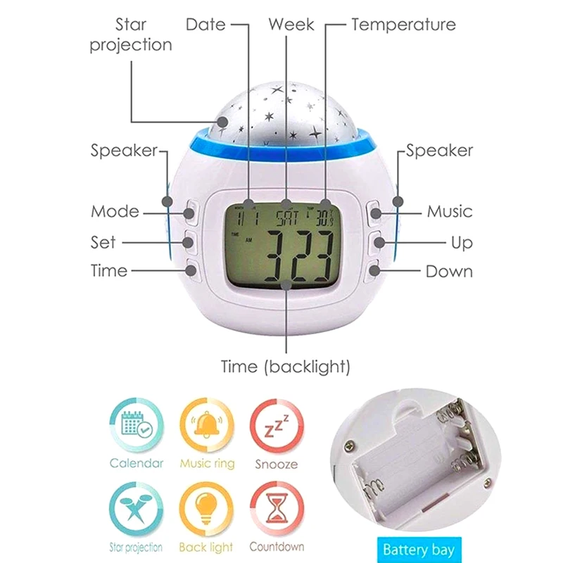 Светодиодный цифровой будильник, красочные электронные часы с проекцией звездного неба, ЖК-дисплей, светодиодный, с подсветкой, повтор, термометр с календарем