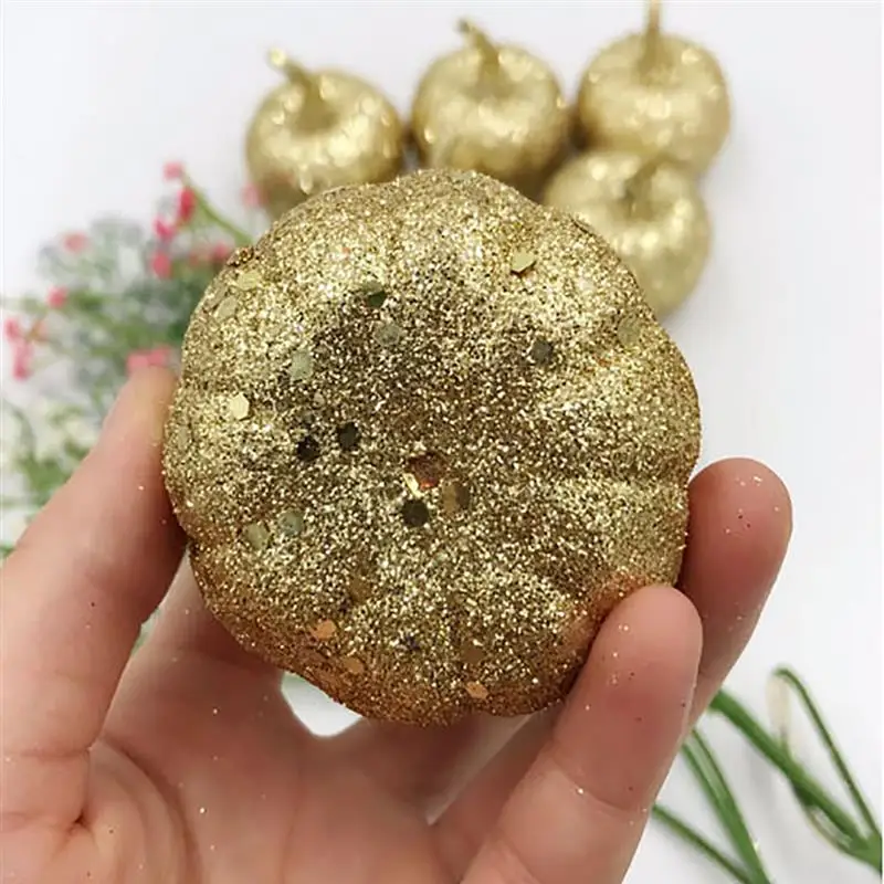New 12pcs Glitter Golden Mini Artificial Pumpkins Foam Pumpkins Small Pumpkins Fake Foam Halloween Decorative Pumpkins