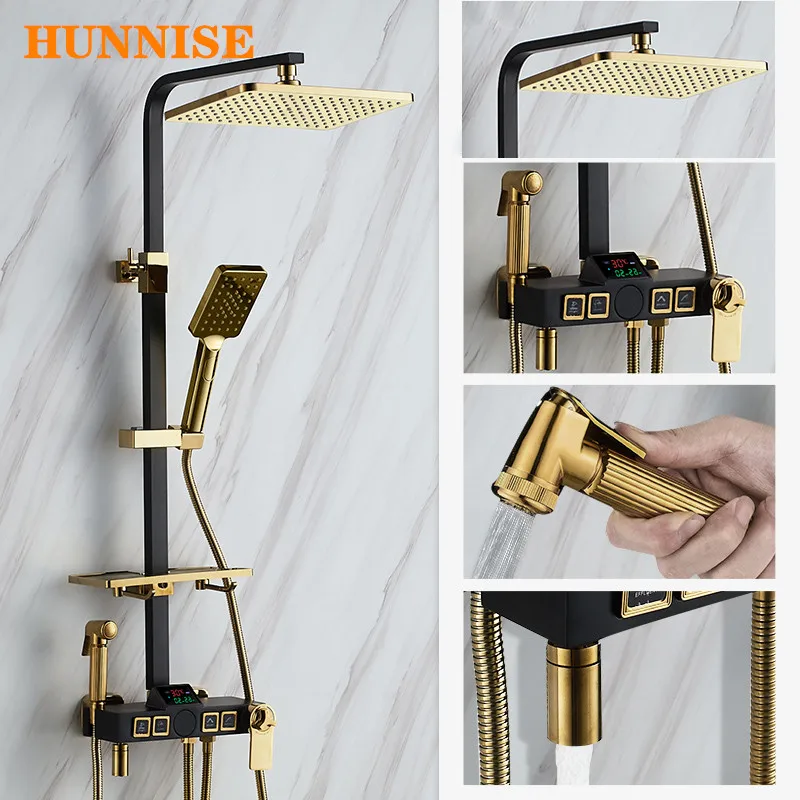 Душевой набор для ванной комнаты HUNNISE черные золотые латунные Смесители ванны