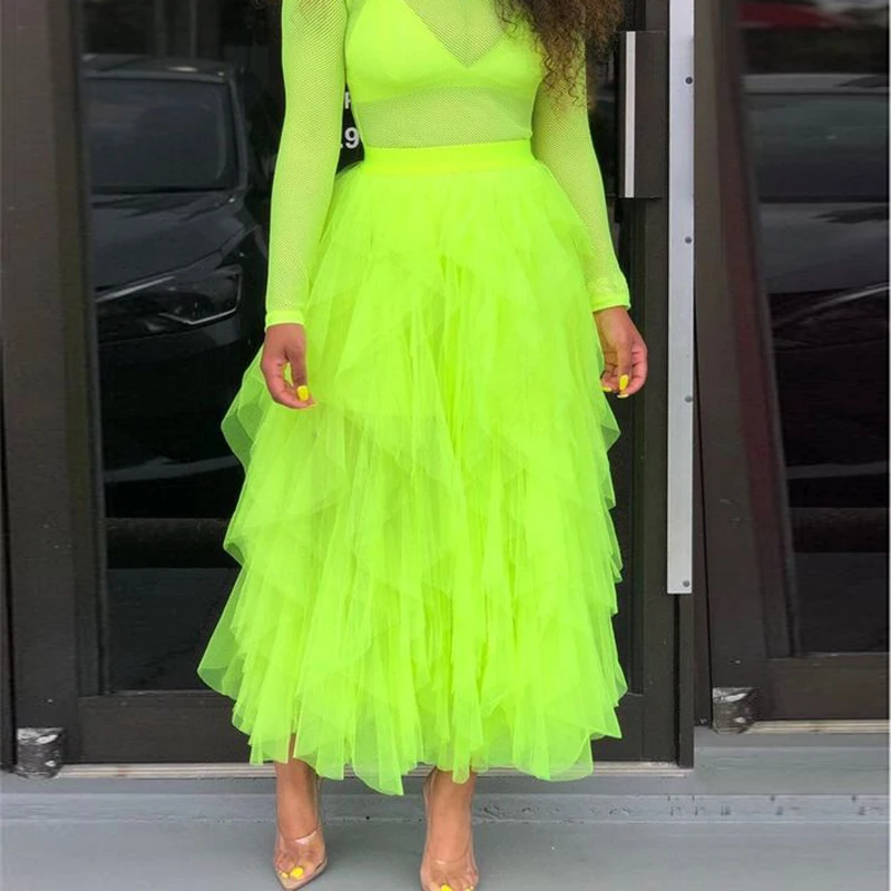 Bright Green Layered Tulle Skirt Fashion Ruffles Length Women Maxi Skirts Custom Made Neon Green Tutu Gown - Skirts - AliExpress