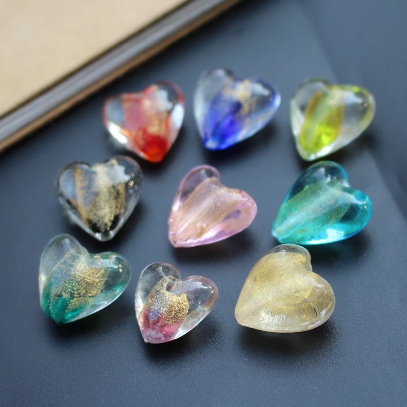 

10Pcs Handmade Lampwork Glass Beads Heart Shape Multi-color with Gold Charms for women Jewelry DIY Craft Bracelet Necklace Earri