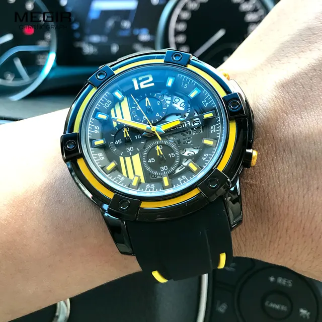 Megir Men's Black Silicone Strap Quartz Watches Chronograph Sports Wristwatch for Man 3atm Waterproof Luminous Hands 2097 Yellow 4
