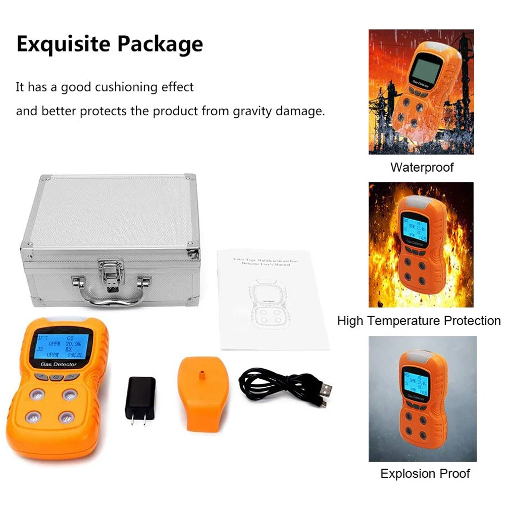 

Multi Gas Clip 4-Gas Monitor Meter Tester, Rechargeable LCD Display Sound Light Shock Air Quality Tester, in Lab Gas Handling