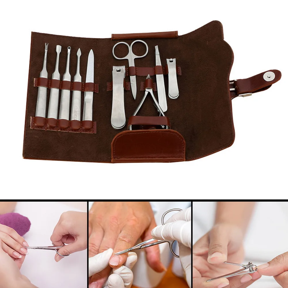 10 Pcs Stainless Steel Nail Clippers Cutter Trimmer Ear Pick Grooming Kit Manicure Set Pedicure Tools Sets with Case | Инструменты