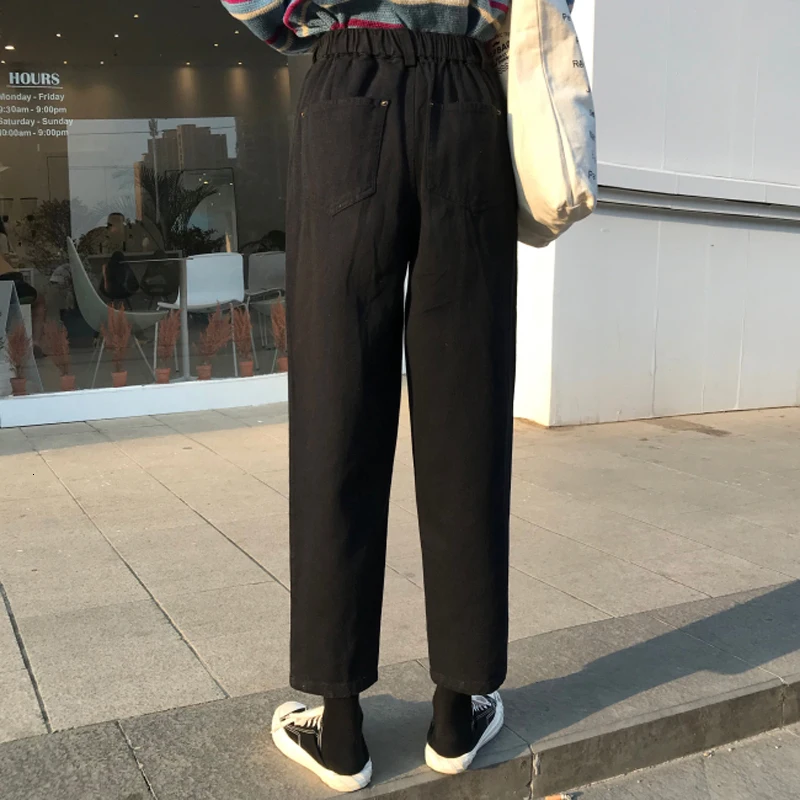 Женский корейский стиль Ulzzang Harajuku BF Свободные с высокой талией черные джинсы длиной до щиколотки женские студенческие повседневные шаровары