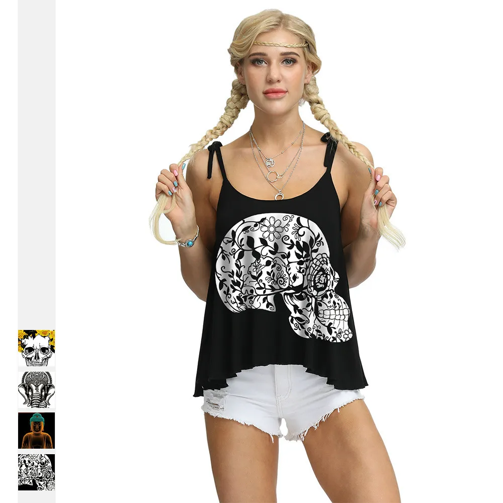 

Summer 2019 Hot Style Skull Elephant Direct Spray Print Women's Halter Vest Loose Casual Lace-up Sleeveless Shirt Daddys Girl