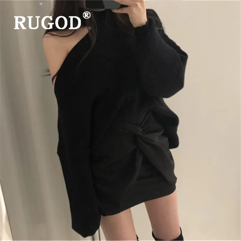 RUGOD корейский ins специальный свитер для женщин однотонные с высоким, плотно облегающим шею воротником с открытыми плечами Длинные рукава Свободный трикотажный пуловер Модная элегантная обувь