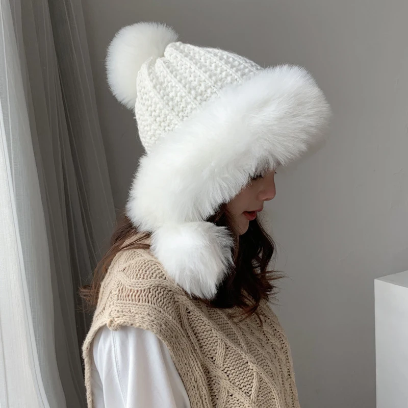 

Winter Thick Furry Headband Female Rabbit Fur Pom Poms Hats Girl 's Lady Women Warm Beanie Women Knitted Adult Cover Head Caps