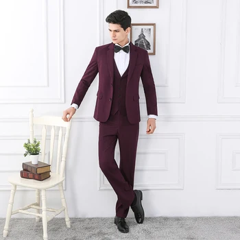

men suits 2020 Red wine/Navy blue/ black smart casual wedding suits 3 piece(jacket+vest+pants) party suits siml terno masculino
