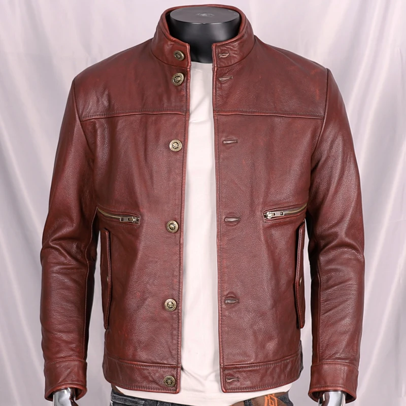 

Men's Genuine Cowhide Dark Brown Leather Jacket Short Motorcycle Jacket Slim Leather Jacket Coat Autumn/Winter Plus size 2XL 3XL