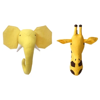 

2pcs 3D Animal Head Wall Cute Stuffed Wall Hanging Toys Kids Room Animal Wall Sculptures - Giraffe & Elephant