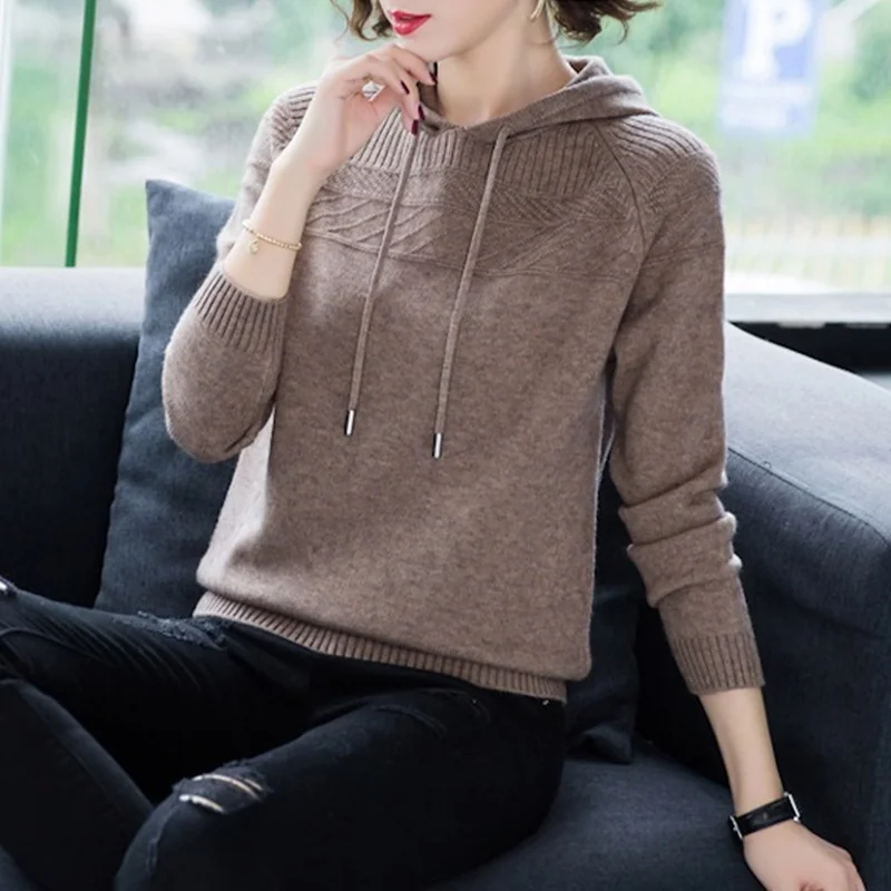 Cashmere Knitted Jumpers Woman Sweater Hooded Korean Style Hot Sale Fashion Pullover Female Woolen Knitwear Clothes Tops AA5079