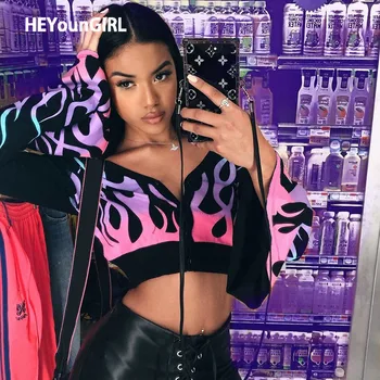 

New Sexy Fire Flame Print Cardigan Crop Jacket Ladies Harajuku Casual Long Sleeve Coat Women Fashion Black Overcoat Streetwear