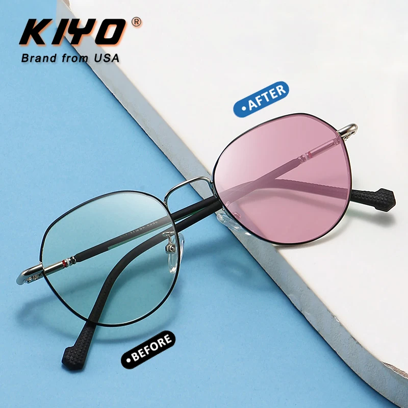 

Новинка 2021, брендовые Детские Круглые фотохромные солнцезащитные очки KIYO с защитой от синего света, Металлические Модные солнцезащитные очки UV400, спортивные очки 9664