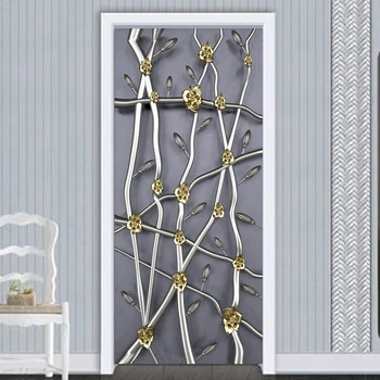 

New Chinese Style Door Sticker 3D Embossed Golden Branches And Flowers Wallpaper Living Room Dining Room Abstract Art 3D Sticker