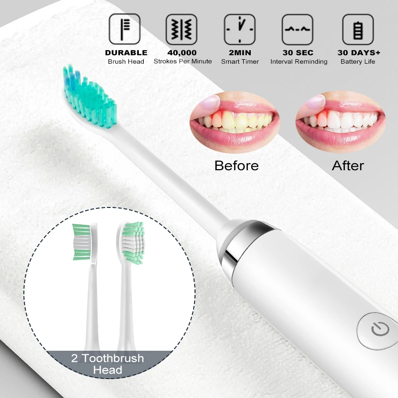 Водонепроницаемая электрическая ультразвуковая зубная щетка, перезаряжаемая через USB, умный таймер, отбеливающая зубная щетка со сменной головкой зубной щетки