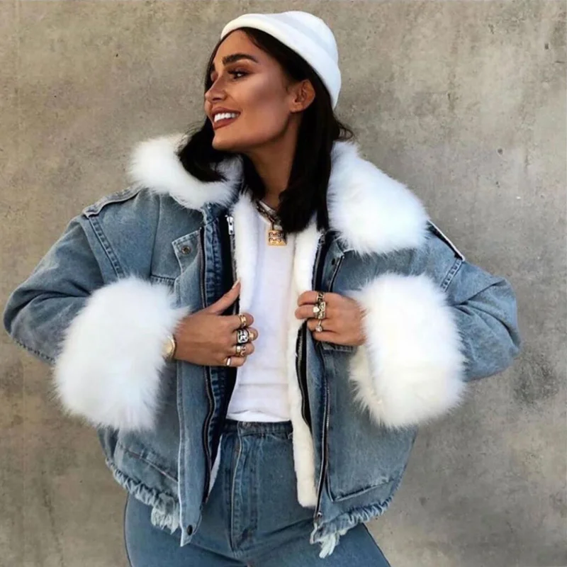 Faux Fur Collar Women Denim Jacket Coat 