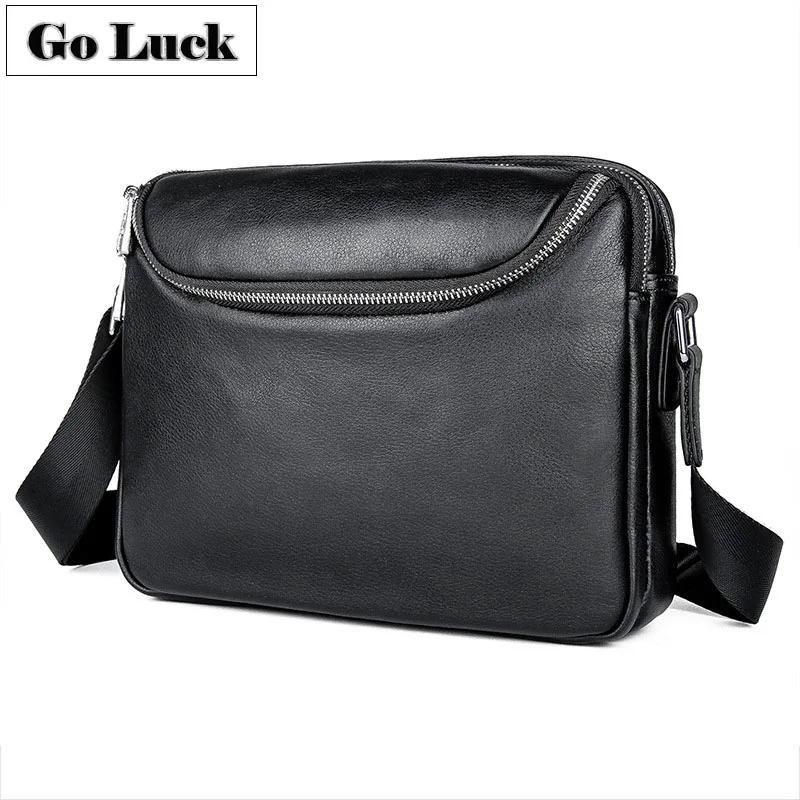 

GO-LUCK Brand Genuine Leather Black Casual Men Shouler Cross Body Bag Men's Cowhide Messenger Bags Zipper Ipad Pack