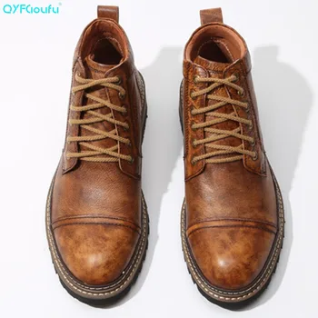 

QYFCIOUFU Fashion Military Boots Men Vintage Original Boot Male Lace-up Sewing Solid Shoe Handmade Genuine Leather Work Boots