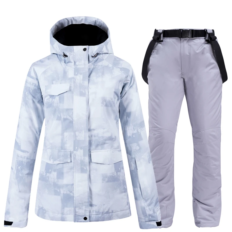 Белый женский лыжный комплект, лыжные штаны и пальто, Женская водонепроницаемая зимняя куртка и брюки, женский лыжный комплект, зимняя одежда для женщин