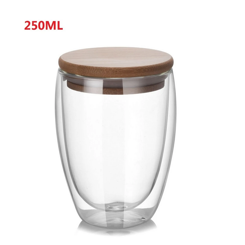 250ML 250 350 450 мл двухслойная SmoothTransparent Кофе чашка с бамбуковой крышкой боросиликатное Стекло Чай кружка для молока напиток стакан для пива - Цвет: 250ML