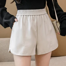 Short en cuir Pu noir pour Femme, taille haute élastique, poches décontractées, jambes larges, grande taille, automne hiver 2021
