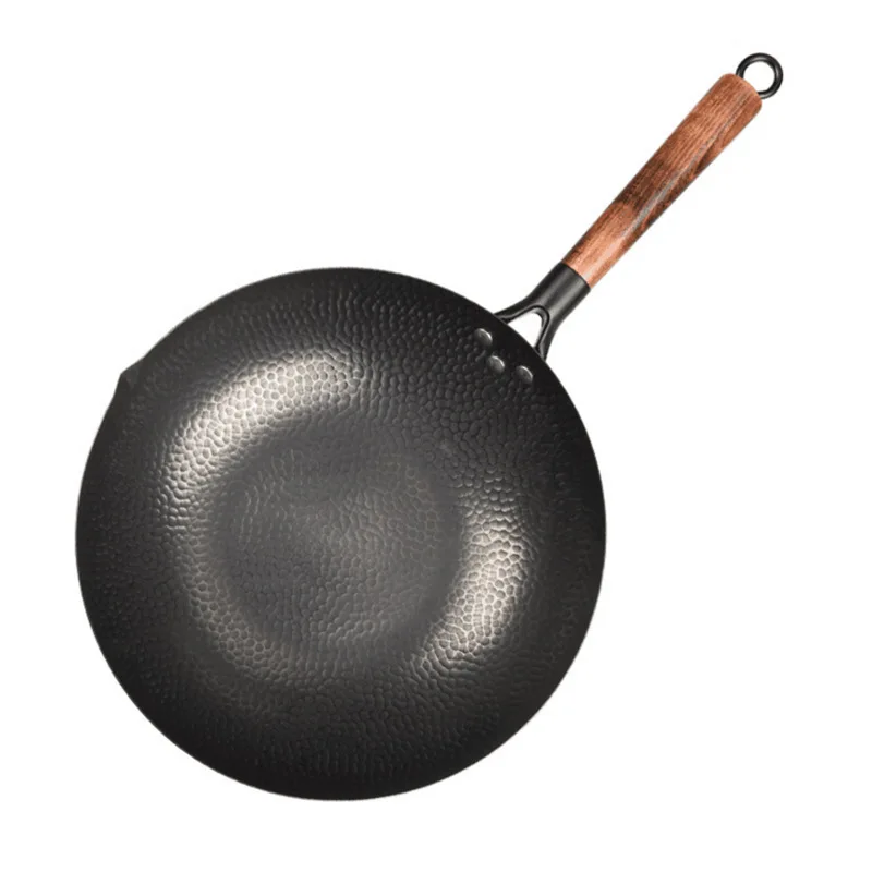 

32cm Iron Pot Uncoated Healthy Frying Pan Non-stick Pot Gas Stove Cookware General Grill Smokeless Cooking Pan with Wooden Hand