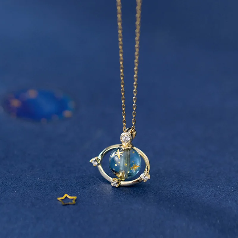 PONYKISS 925 Sterling Silver Planet Blue Pendant Necklace Party Delicate Fashion Jewelry Accessory Girl Simple Chic Gift