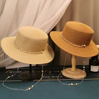 2021 Summer Elegant Pearl Chain Flat Sun Hats For Women Chapeau Feminino Straw Hat Panama Wide Brim Anti-UV Beach Cap Girl Topee 2