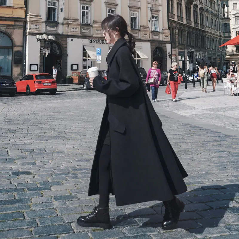 Photo Shoot Autumn& Winter New Style Korean-style Loose-Fit Hepburn-Style Black And White with Pattern Duffle Coat Long Ca